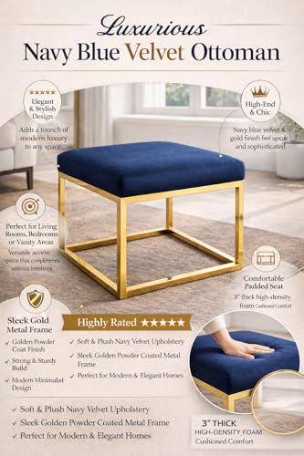 Image of Square Metal Ottoman /Sitting Stool /Living Room Furniture /Office, Velvet Footstool /Footrest Pouffes Home Decor (Set of 2 Blue) - 30.48 Cm, 38 Cm