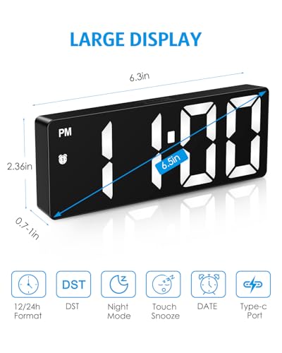 Image of AMIR Digital Alarm Clock, LED Clock for Bedroom, Electronic Desk Clock with Type-C Port Adjustable Brightness DST Snooze 12 /24H Display for Home Office