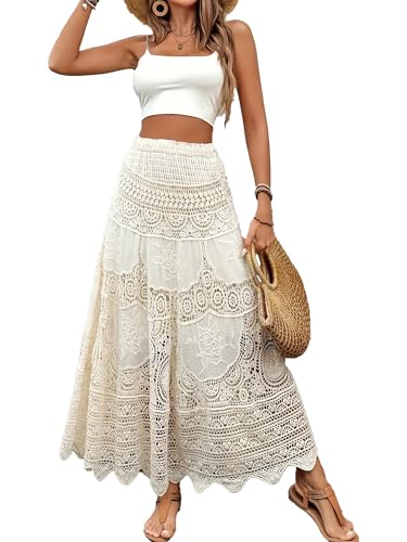 Womens Boho Crochet Long Skirt Flowy a Line Elastic High Waist Knit Eyelet Beach Maxi Skirt for Summer