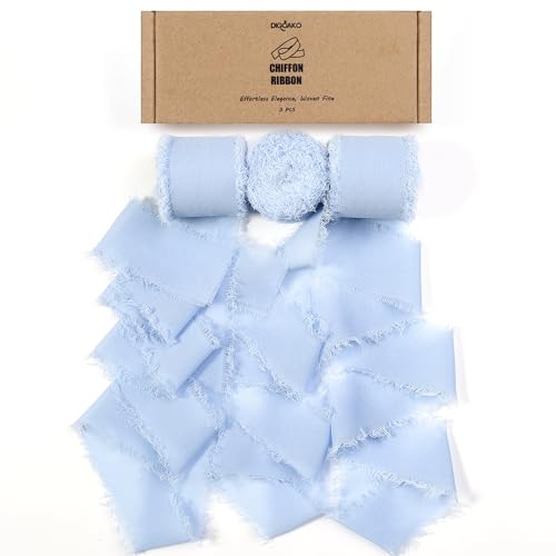 3 Rolls Light Blue Ribbon 1.5" x 24Yd Handmade Frayed Fringe Silk Ribbons (3 Rolls *8Yd) for Gift Wrapping, Wedding Bouquets, Invitations, Balloon, Baby Shower, DIY Crafts & Home Decor