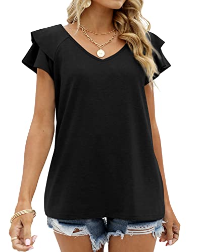 OFEEFAN Womens Summer Tops Ruffle Short Sleeve V Neck T-Shirts Casual Loose Fit4
