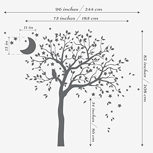 Studio Quee Large Tree Wall Decal Sticker With Owl, Moon And Stars Nursery Mural Decoration 088 (Leaning Right, Dark Grey, Ice Blue, Middle Grey) #TOP1