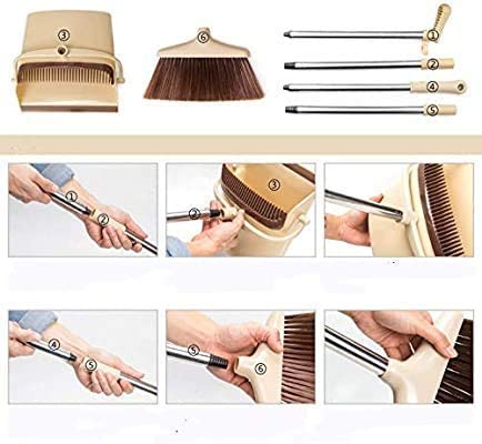 Image of Broom and Dustpan Set with Long Handle | Floor Cleaning Broom with Dust Pan Combo | Standing Dustpan with Lid | Heavy Duty Soft Bristle Floor Sweeper | Home Kitchen Office Cleaning Tools Set