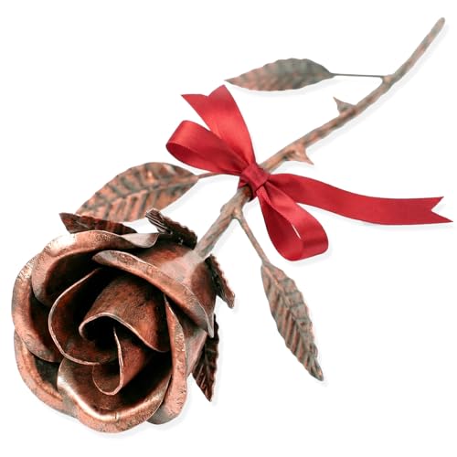 VGYGLS 7th Anniversary Wedding Gift for Her - Handmade Copper Rose with Red Ribbon - 22nd Year Wedding Anniversary Couples Gift Metal Flower Present
