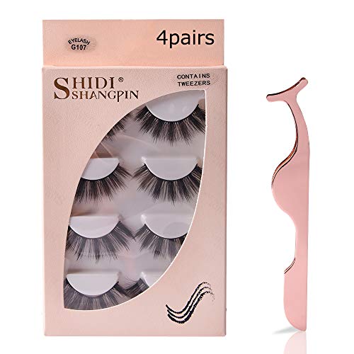 4 Pairs False Eyelashes Reusable Face Eyelashes Fit for All Eyes Free Eyelash Tweezers, Natural Thick Hand-Made 3D Faux Mink Eyelashes for a Beautiful Makeup Look (Thick)