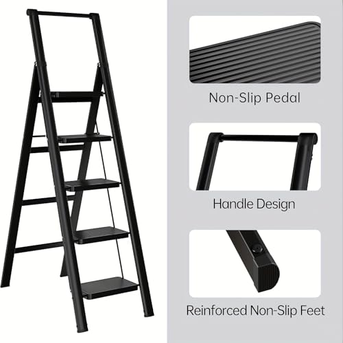 Image of 5-Step Ladder Folding Step Stool, 5-Step Ladder with Anti Slip Wide Pedals, Ladders for Home Kitchen Pantry Office, Lightweight Sturdy Steel Ladder for Adults Portablec