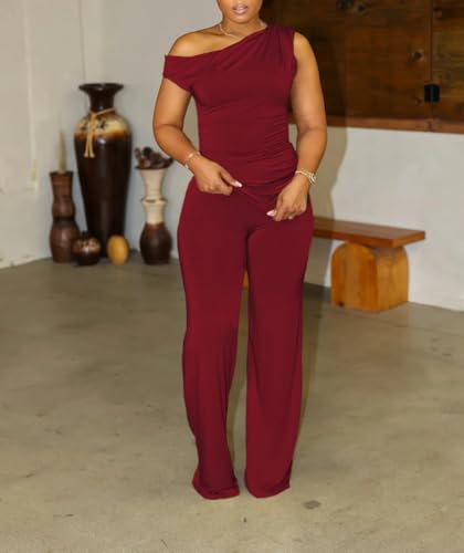 HBQ Women's Summer 2 Piece Outfits Casual Tracksuit One Shoulder Asymmetrical Short Sleeve Wide Leg Long Pant Lounge Sets4