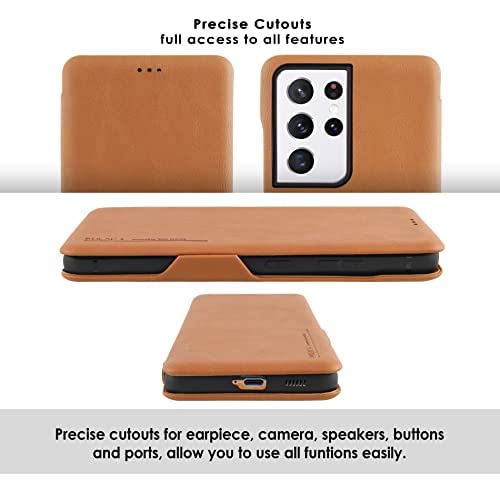 Image of PULOKA for Samsung Galaxy S22 Ultra - Sleek Flip Case - Premium Vegan Leather Phone Cover with Card Slot - Slim, Durable, Privacy Protection - Kickstand Function - Elegant Flip Wallet Cases - TAN