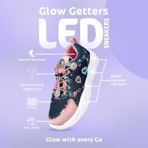 Image of Hopits GlowGetters Kids Girls and Boys Chunky Platform Shoes Sneakers | Floral Print LED Light-Up Sneakers | Lightweight Athletic Trainers Shoes