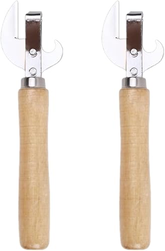 2 abrelatas vintage abrelatas manual con mango de madera, abridor de botellas de acero inoxidable de corte lateral manual, abrelatas y sacacorchos