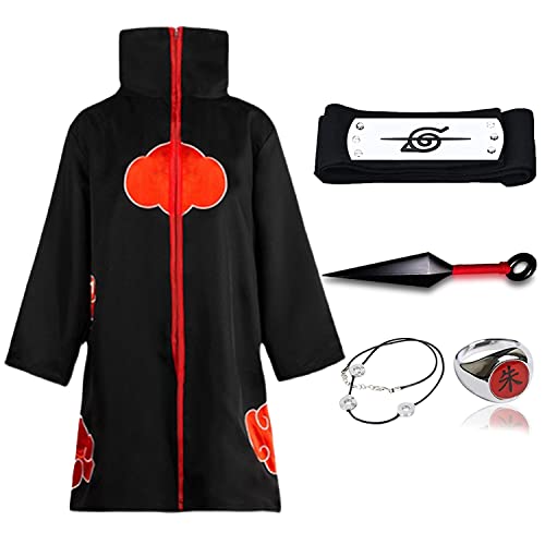 Akatsuki Cloak Kids - Long Robe Uniform with Accessories - Halloween Unisex Anime Cosplay Costume for Boys Girls (Height: 45.3- 49.2Inch, Black)