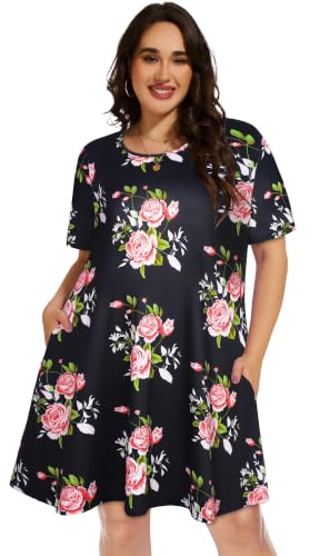 Image of elescat Plus Size Summer Dresses for Women Casual Short Sleeve Pockets Loose Oversized T Shirt Sundress 2026