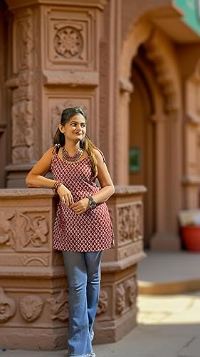 Image of Women's Sleeveless Ajrak Print Kurti, Pure Cotton Straight Fit Straight Cambric Jaipuri Printed Kurti