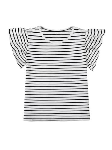 Image of Girls Striped Shirt Flutter Sleeve Top Crewneck Cute Summer T Shirts Casual Tees Black White B 7-8 Years