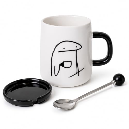 Image of SUBLIX Ceramic Coffee Mug with Lid & Spoon, 350ml Cute Funny Minimalist Cartoon Mug, White Coffee Cup with Black Handle, Ceramic Tea Mug for Home & Office, Gift Box Included