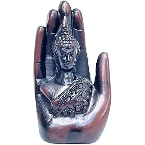Palm Buddha in Hand Statue - Small Zen Buddhist Figurine for Home or Office - Thai Yoga Meditation Decoration - Brown - Resin - 3.5 Inch Cover