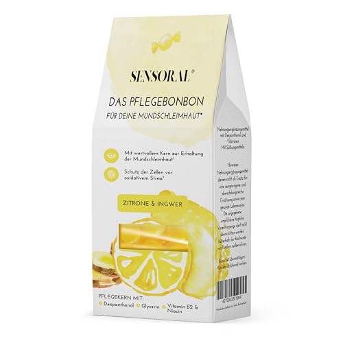 Sensoral Pflegebonbons | Pflege der Mundschleimhaut | Lecker & Wirksam: Pflegekern mit 20 mg Dexpanthenol pro Bonbon + natürliches Zitronenöl | Zuckerfrei (Zitrone-Ingwer) | Verbesserte Rezeptur