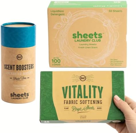 Sheets Laundry Club - All In One Laundry Kit.- Lightweight - Enjoy 50 Fast Dissolving Fresh Linen Laundry Sheets, 1-8oz Uncharted Waters Scent Booster Tube, 40 Plant Based Vitality Dryer Sheets