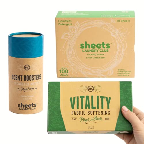 Sheets Laundry Club - All In One Laundry Kit.- Lightweight - Enjoy 50 Fast Dissolving Fresh Linen Laundry Sheets, 1-8Oz Uncharted Waters Scent Booster Tube, 40 Plant Based Vitality Dryer Sheets #TOP13