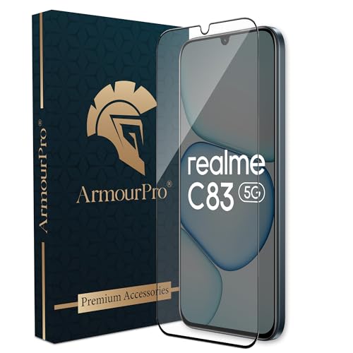 Image of ArmourPro Tempered Glass for Realme C83-9H Screen Protector with Black Border, Anti Scratch, Edge-to-Edge Coverage, HD Clarity, Smooth Touch, Case Friendly | Black