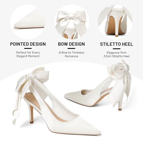 Mattiventon White Wedding Shoes for Bride Slingback Heels with Bow Tie Closed Pointed Toe Stiletto Heels Satin Dress Pumps Shoes for Prom Party — view 6