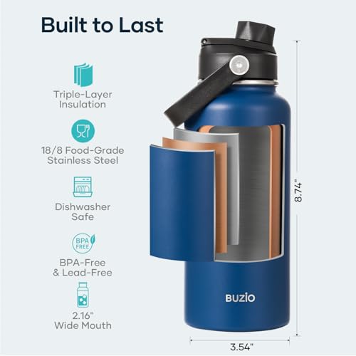Image of BUZIO Insulated Stainless Steel Water Bottle 32 oz with Straw & Spout Lids