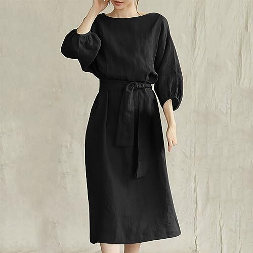 XUNRYAN Linen Dresses for Women 2024 Casual Work Office Dress Long Sleeve Tie Waist Knee Length Dress Boho Midi Dress Outfits2
