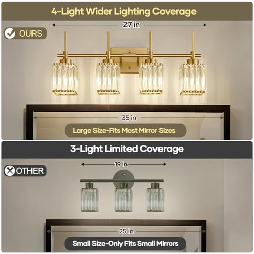 Image of Torondo Modern Crystal Bathroom Vanity Light 4-Lights Brushed Gold Bathroom Light Fixtures Over Mirror Brushed Gold Vanity Lighting Fixtures Square Shade Brass Wall Sconce (Bulbs Not Include)