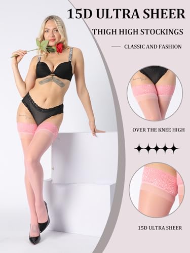 MERYLURE 15D Sheer Thigh High Stockings with Double Silicone, Lace Top Pantyhose Lingerie for Women, Stay Up Nylons3