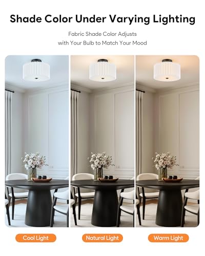 Image of VONLUCE Semi-Flush Mount Ceiling Light 12.2 inch, 2-Light Drum Light Fixture | White Pleated Shade with E26 Sockets, Light Fixture for Nursery, Bedroom, Entryway, Hallway, Black Finish, ETL Certified