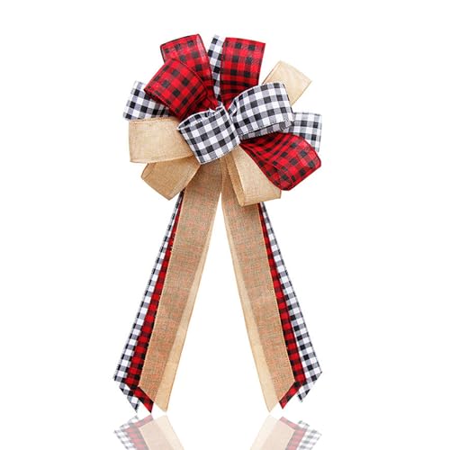 Oarkive Buffalo Plaid Christmas Tree Topper - Rustic Burlap Bow - Red & Black - Farmhouse Christmas Decor