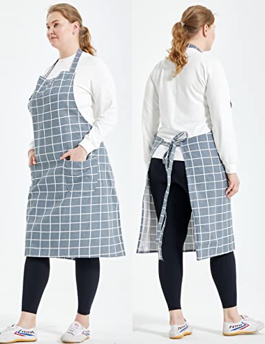 Apronner Cotton Linen Baking Plus Size Aprons For Women With Pockets Kitchen Cooking Grey Grid #TOP4