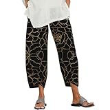 Women's Japanese Art Print Capri Pants Summer Casual Baggy Wide Leg Pants Plus Size Unique Graphic High Waist Elastic Cropped Beach Trousers with Packets,Flower Outline Golden,M