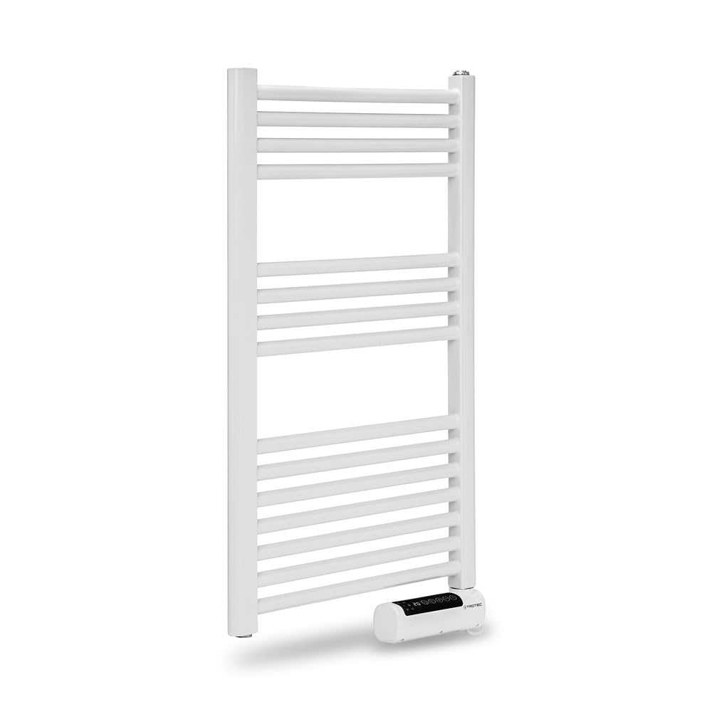 TROTEC Scaldasalviette elettrico TWH 500 S - 500 W, montaggio a parete, design a tubo piatto bianco, funzionamento silenzioso, IPX4, ideale per bagno e WC per ospiti