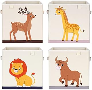 Livememory 13 inch Kids Cube Storage Bins - Foldable Animal Storage Cube for Toddler Children Nursery, 4 Pack (Giraffe, Deer, Bull, Lion)