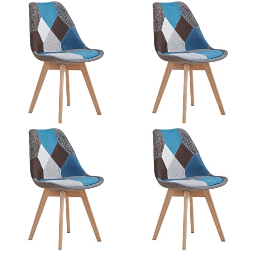 HJhomeheart Lot de 4 Chaises de Salle à Manger en Tissu Patchwork avec Coussin d'assise Amovible et Pieds en Bois Massif pour Salle à Manger, Salon, Cuisine,...