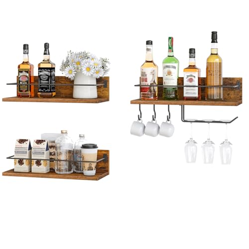 Image of HOOBRO Wall Mounted Wine Rack 3 Pack, Wine Shelf Hanging Floating Wall Shelves, Wine Glass Bottle Rack Stemware Holder, for Living Room, Dining Room, Kitchen, Rustic Brown and Black BF33BJ01