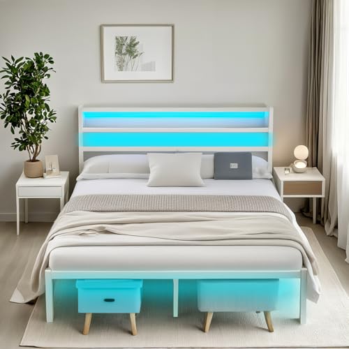 CLIBFENG Full Size Bed Frame with Headboard,Heavy Duty Steel Slats Support-LED Bed Frame with USB Charging Station,Mattress Foundation-Under Bed Storage,No Box Spring Needed,Noise Free,White