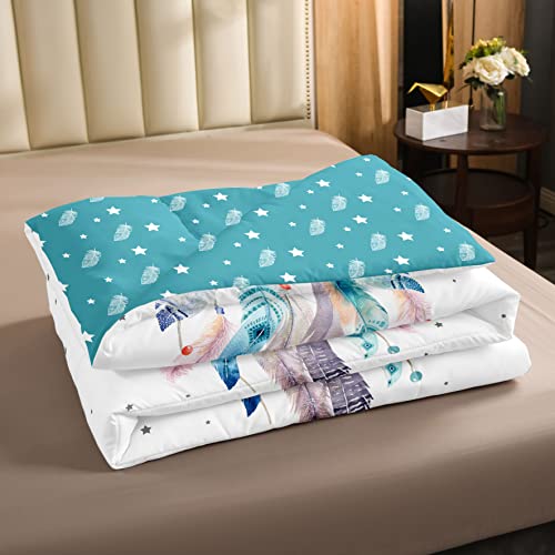 Dream Catcher Comforter Set Twin,Boho Chic Dreamcatcher Feather Bedding Set Watercolor Bohemian Flower Quilt Comforter For Kids Girls Teen Women,Native American Indian Duvet Set 2 Pcs Teal White #TOP3