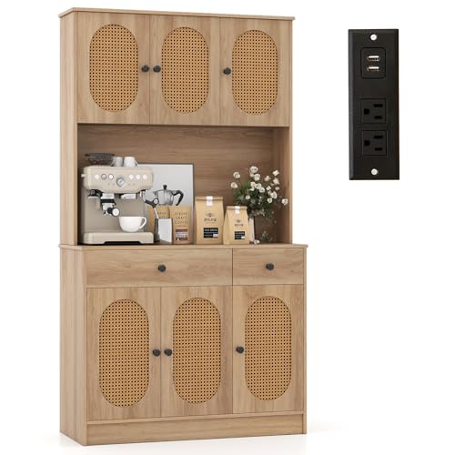 GOFLAME Kitchen Pantry Cabinet with Charging Station, 71' Tall Freestanding Kitchen Buffet with Hutch, Drawers and PE Rattan Doors, Boho Sideboard Buffet Cabinet, Natural