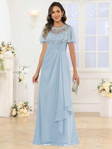 Lace Applique Mother of The Bride Dresses with Short Sleeves Chiffon Pleated Wedding Formal Gown3