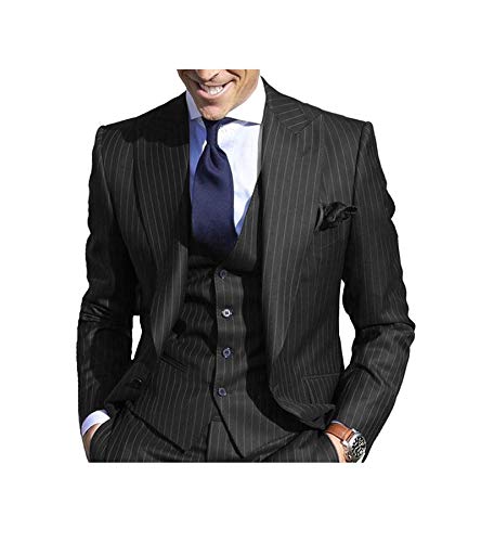 Men's Pinstripe Suit Slim Fit Stripe Peaked Lapel Jacket Vest Pants Sets