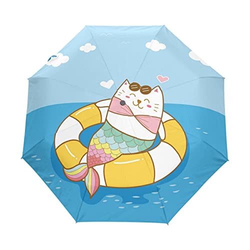 Parapluie pliable automatique chat sirène résistant pour homme et enfant