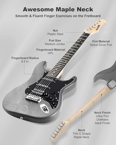 RVONE RST-150 39\" Beginner Electric Guitar Kit with Amp & HSS Pickups | Complete Starter Set for Newcomers w/Essentials | Gig Bag, Extra Strings, Digital Tuner, Capo, Strap | Home Practice (Black)