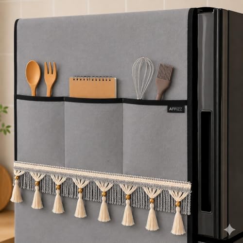 Image of Premium Decorative Refrigerator Cover with Tassel Lace & 6 Side Pockets | Waterproof, Dustproof & Washable Polyester Fridge Top Protector | Kitchen Organizer Fridge | 130 x 54 cm | Grey