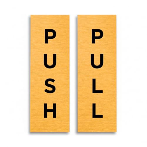 Image of Slimline Aluminium Push/Pull Signs Twin Pack from ViroDisplay® – Brushed Gold 50 x 150mm – Durable Printed Surface – Self-Adhesive Fixing