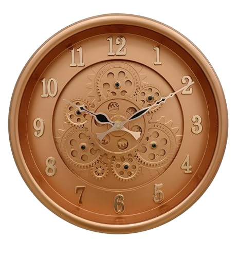 Image of De'rons Rotating Moving Gears Wall Clock Industrial Steampunk Real Moving Gear Designer Wall Clock for Living Room Home Decor Office Wooden Look Plastic Round 32cm DC-1387 (P.Copper)
