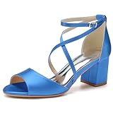 HFWXYSA Zapatos De Novia De Tacón Ancho para Mujer Punta Abierta Satén Correa En El Tobillo Sandalias De Boda,Azul,36 EU