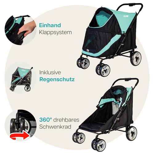 Hundebuggy groß Innopet Mamut blau/schwarz – Rahmen bis 50kg belastbar, inkl. Regenschutz, einhändig klappbar – drehbare Vorderräder – Hundewagen für mittelgroße Hunde oder mehrere kleine Hunde