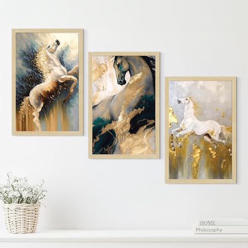 Image of ArtX Paper Modern Art Wall Painting For Living Room, Drawing Room Decoration Big Size, Horses Framed Painting for Wall Decoration, Wall Decor For Bedroom, Multicolor, 12.0 x 18.0 inches, Set Of 3